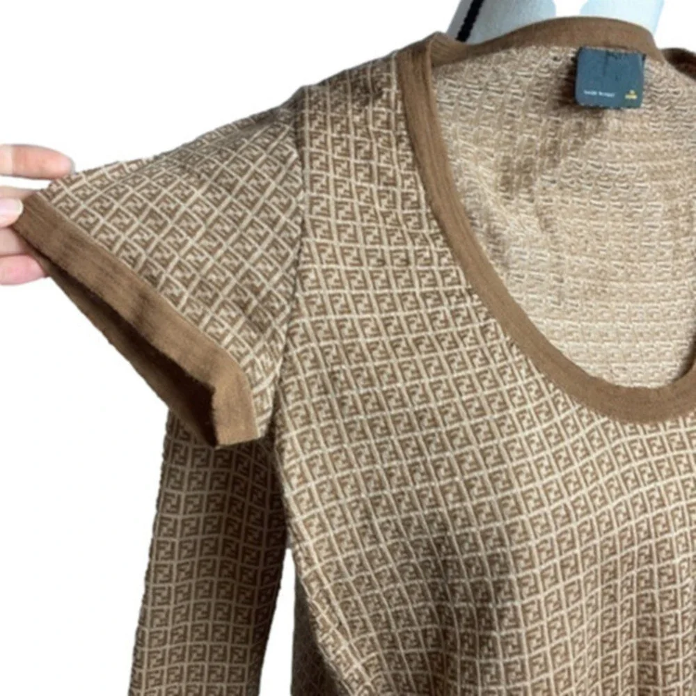 FENDI cashmere silk babydoll cap sleeve classic monogram sweater FF Zucca top
